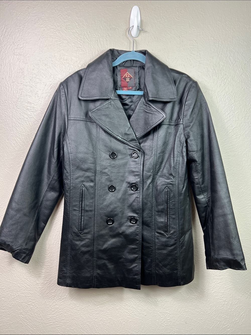 G III Vintage Black Leather Double Breasted Jacket Large
